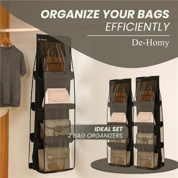 Handbag Organizer 2 Pack Closet Purse Hanger Storage with Clear Pockets Black - Picture 3 of 7